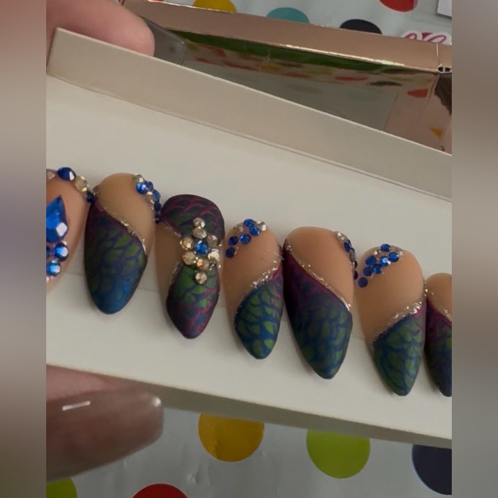 NWT Custom Size L Gorgeous Handmade Peacock Feather Design Press-On Nails Set - Picture 5 of 8